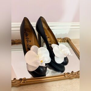 Up-cycled Lanvin Paris shoes heels black 39.5 orchid flower leather  platform